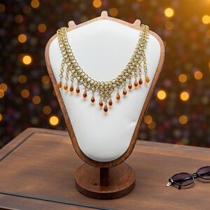 Vintage Art Deco Style Faceted Amber Glass Drop Swag Bib Necklace Gold Tone 19”